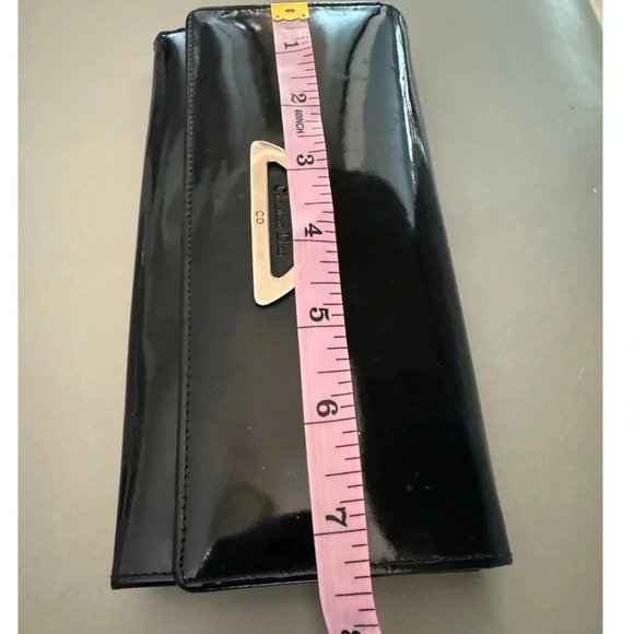 Vintage CHRISTIAN DIOR Evening Black Patent Leather Long Wallet Silver Logo - Picture 8 of 15